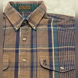 Browning Mens Plaid Flannel Shirt Brown and Blue Sz L Super Naturals Collection